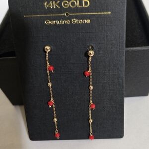 14K Solid Yellow Gold Genuine Coral Beads Chain Earrings